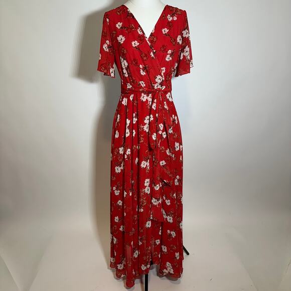 Indigo Rose Red Floral Print Prairie Faux Wrap Maxi Dress Womens Petite Size PM - Picture 1 of 10